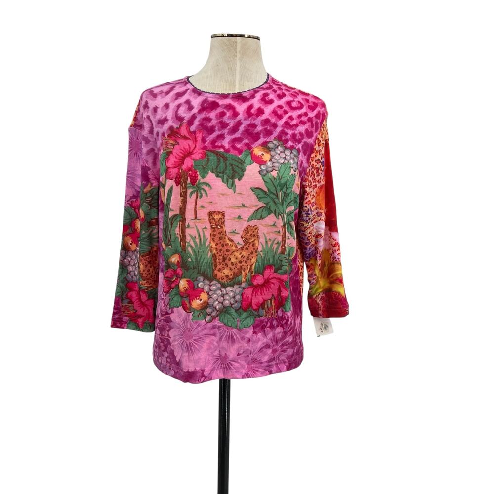 Yukiko Vintage Top Shirt Y2K Leopard Cheetah Print Animal Pink Tropical Size XL